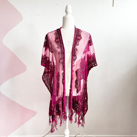 Velvet Burnout Mesh Kimono Cardigan Sheer Boho Whimsigoth Bohemian One Size - Picture 1 of 6